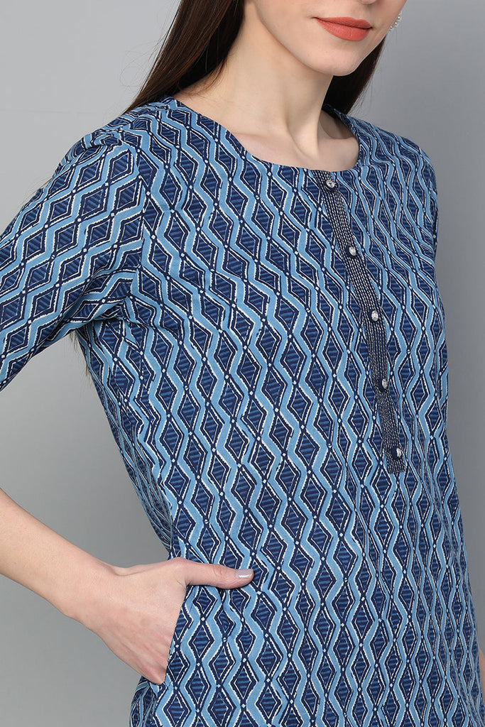   Cotton Blue Geometric Printed Straight Kurta Palazzo Set 