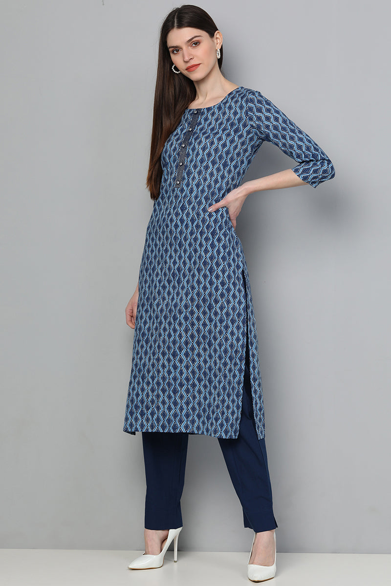   Cotton Blue Geometric Printed Straight Kurta Palazzo Set 