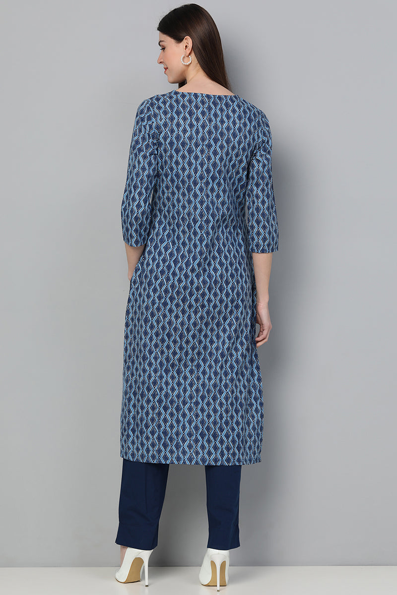   Cotton Blue Geometric Printed Straight Kurta Palazzo Set 