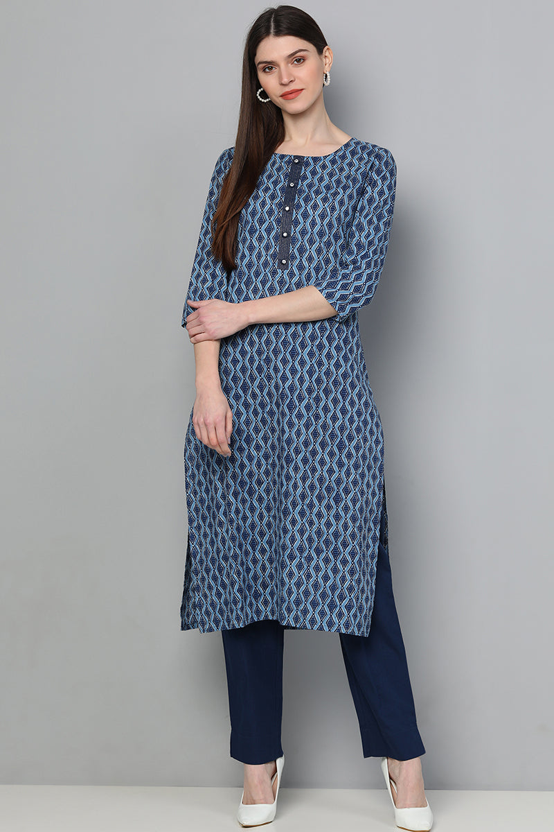   Cotton Blue Geometric Printed Straight Kurta Palazzo Set 