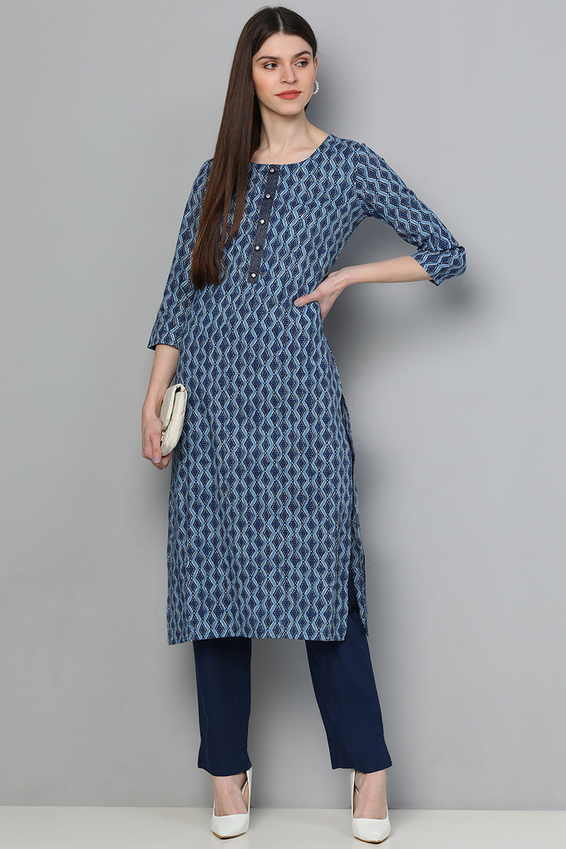   Cotton Blue Geometric Printed Straight Kurta Palazzo Set 