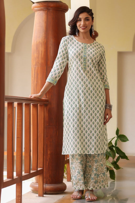  Women Off White and Green Color Cotton Fabric Printed Fancy Kurta and Palazzo Set