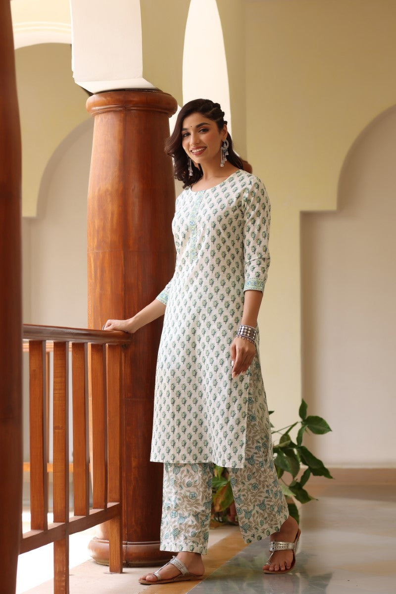  Women Off White and Green Color Cotton Fabric Printed Fancy Kurta and Palazzo Set