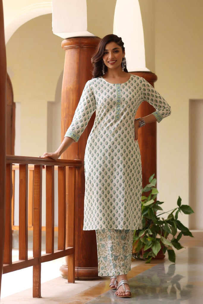  Women Off White and Green Color Cotton Fabric Printed Fancy Kurta and Palazzo Set