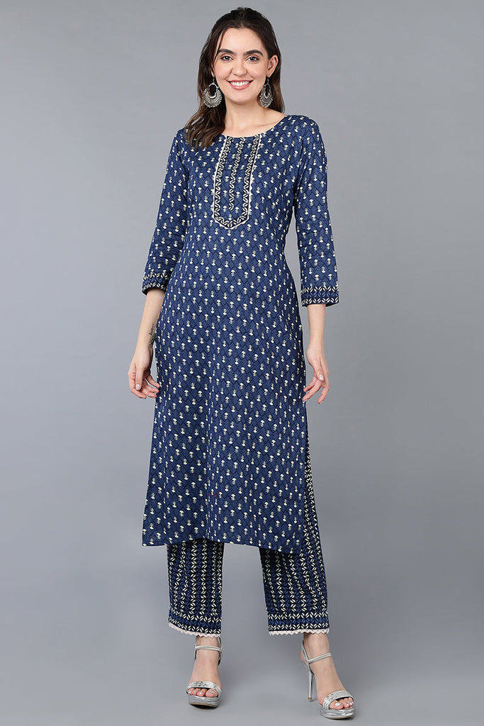 Navy Blue Cotton Straight Kurta Set VKSET1179