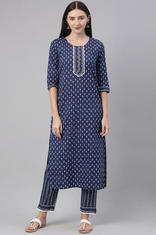  Women Cotton Blue Ethnic Motifs Printed Straight Kurta Pant Set