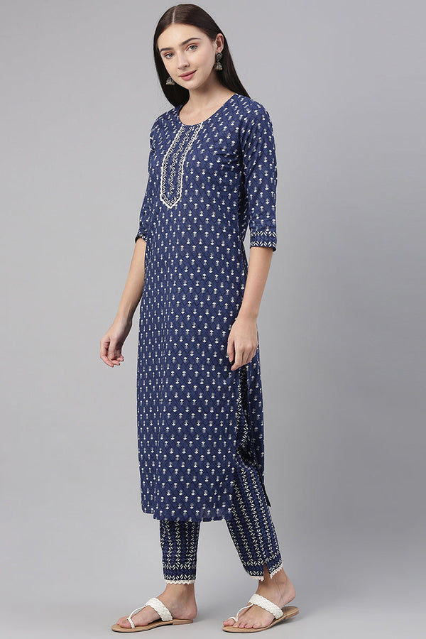 Women Cotton Blue Ethnic Motifs Printed Straight Kurta Pant Set