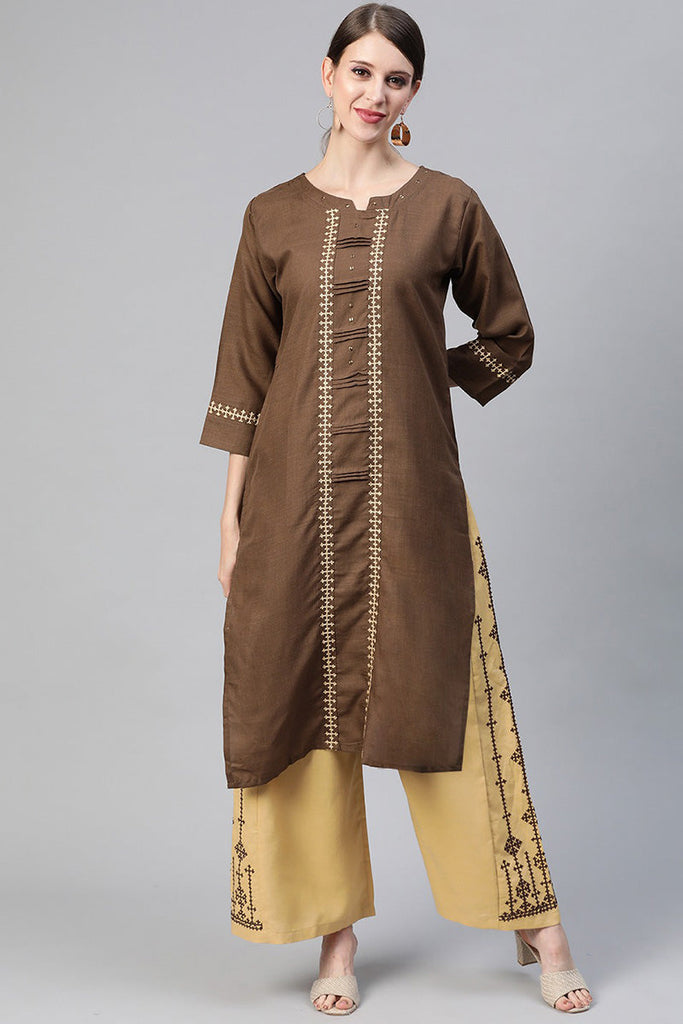  Women Cotton Brown Embroidered Printed Straight Kurta Pant Set 