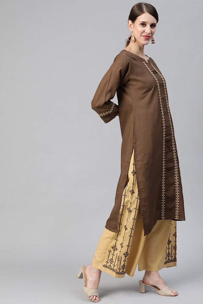  Women Cotton Brown Embroidered Printed Straight Kurta Pant Set 