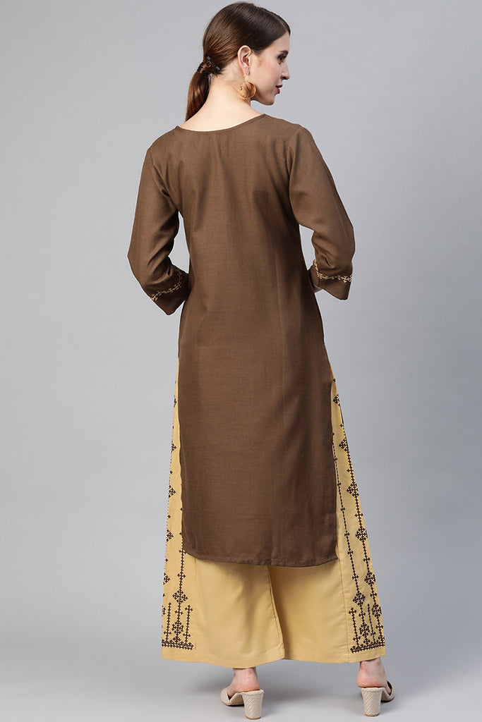  Women Cotton Brown Embroidered Printed Straight Kurta Pant Set 