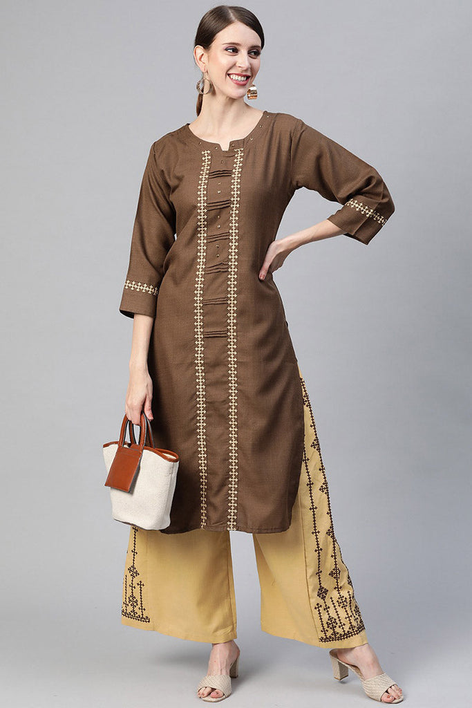  Women Cotton Brown Embroidered Printed Straight Kurta Pant Set 