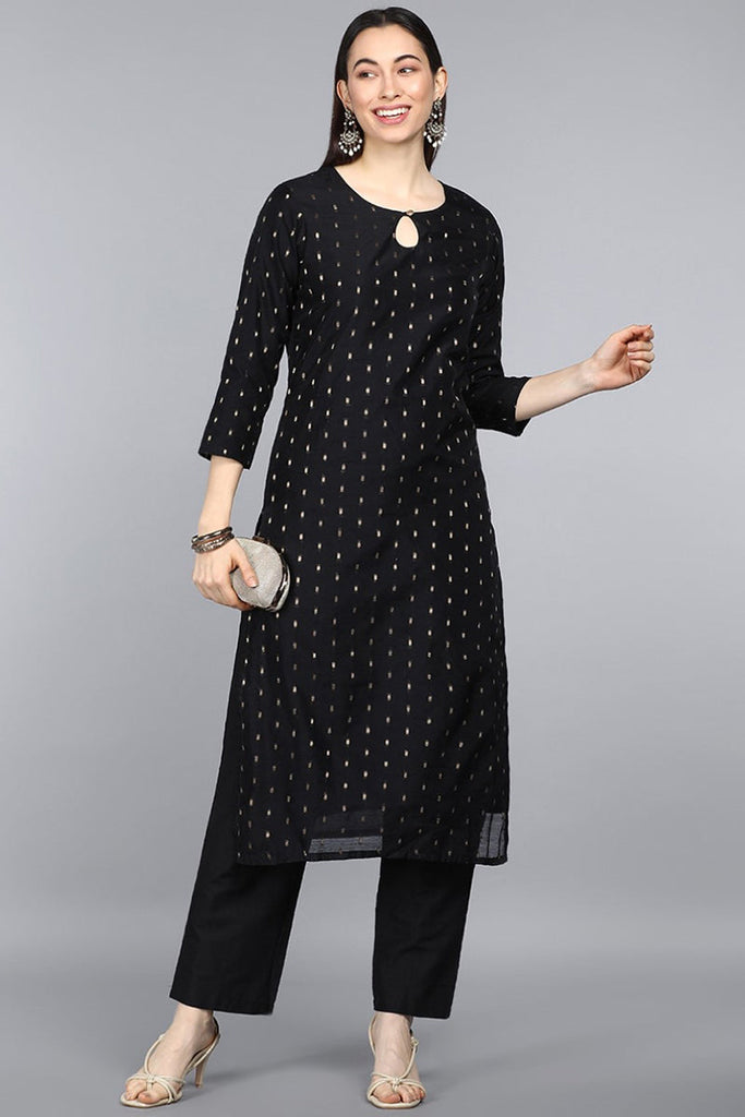 Black Cotton Woven Straight Kurta Set VKSET1219