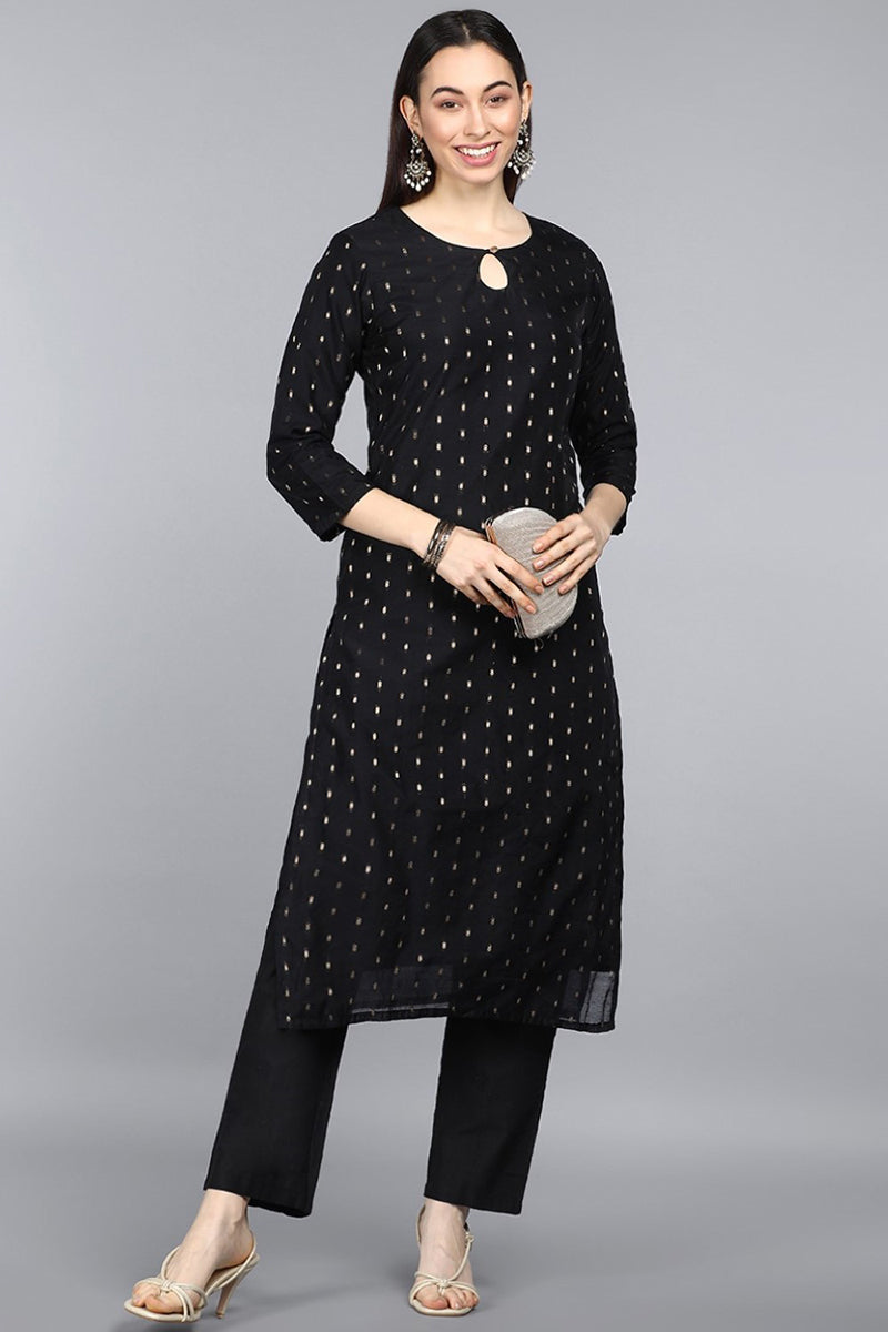 Black Cotton Woven Straight Kurta Set VKSET1219