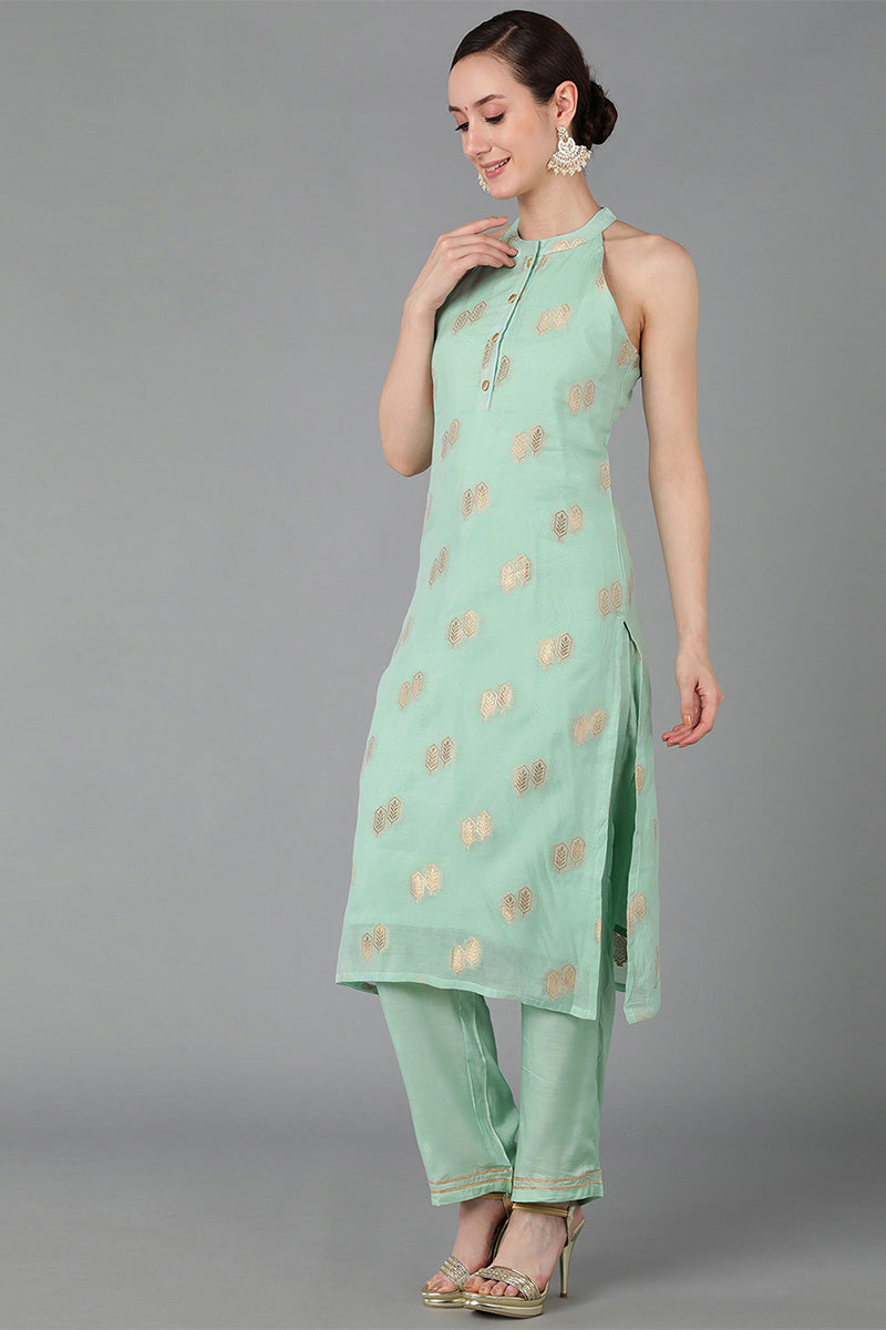  Women Green Poly Chanderi Woven Design Kurta Trousers 