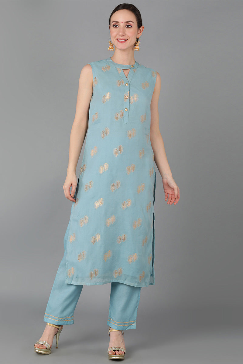  Women Blue Poly Chanderi Woven Design Kurta Trousers