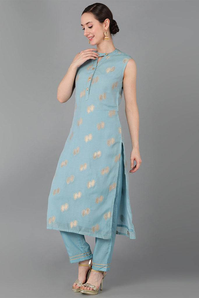  Women Blue Poly Chanderi Woven Design Kurta Trousers