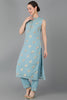  Women Blue Poly Chanderi Woven Design Kurta Trousers