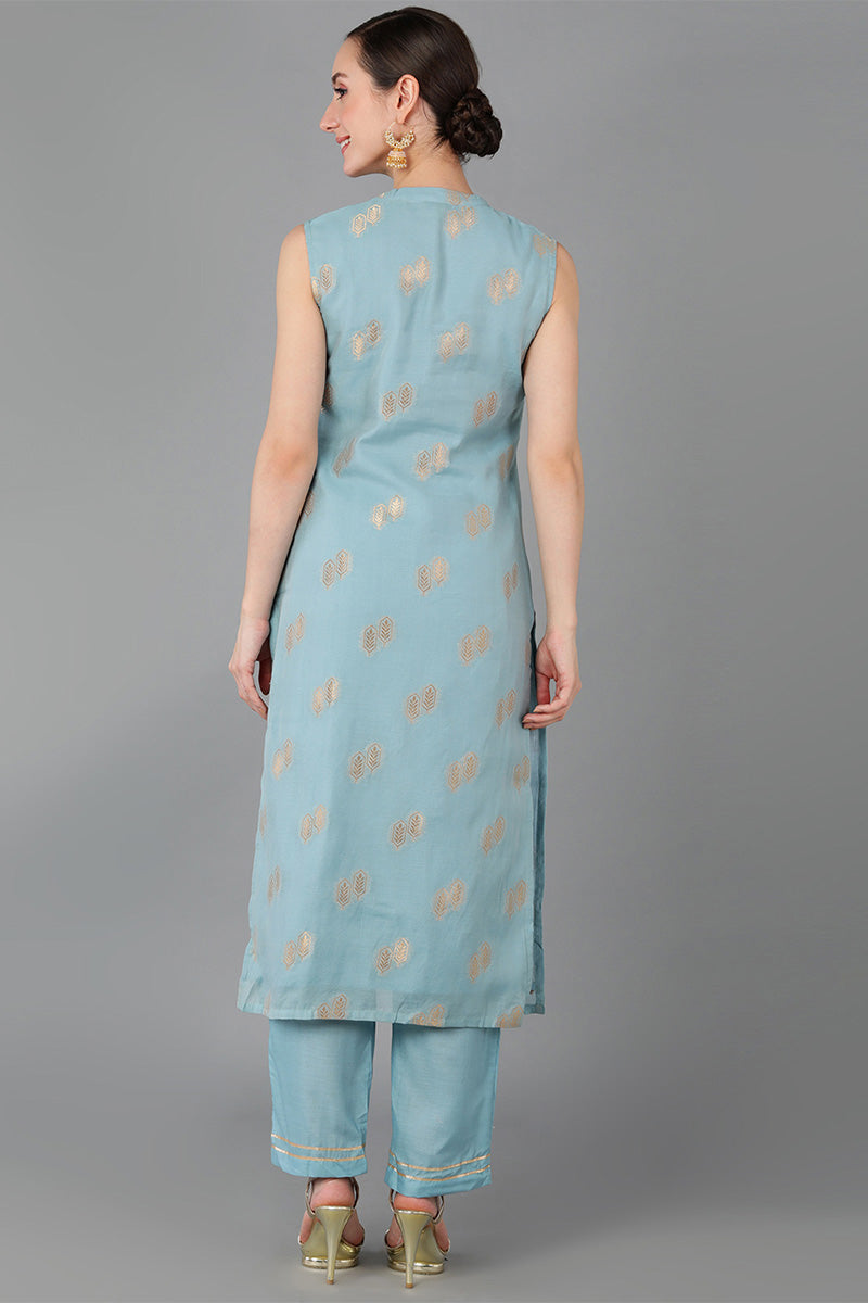  Women Blue Poly Chanderi Woven Design Kurta Trousers