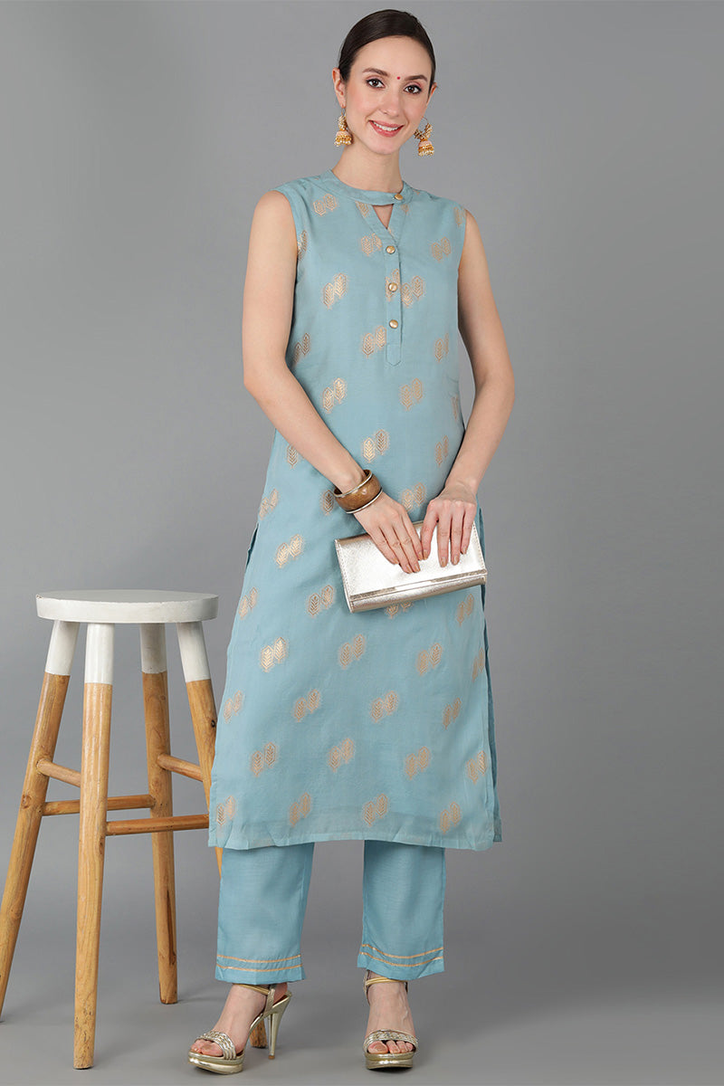  Women Blue Poly Chanderi Woven Design Kurta Trousers