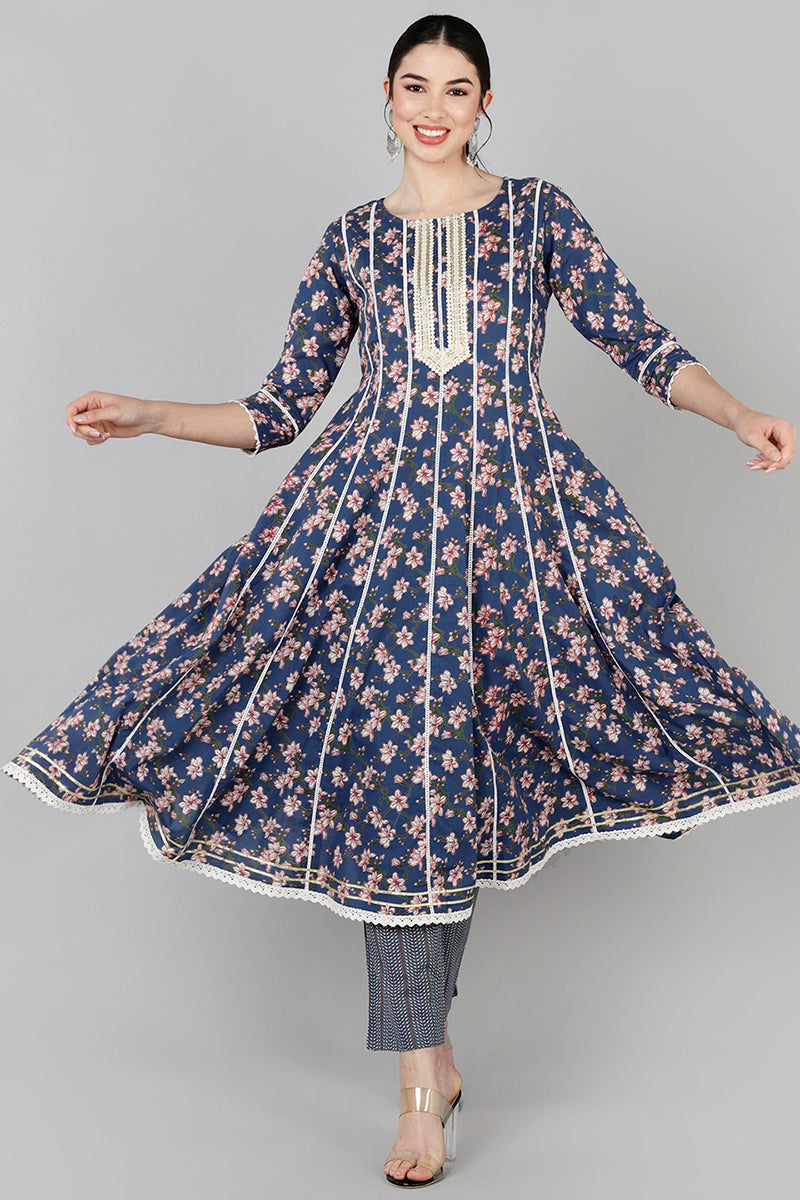  Women Navy Blue Printed Kurta With Trousers