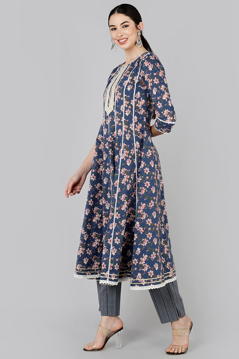  Women Navy Blue Printed Kurta With Trousers