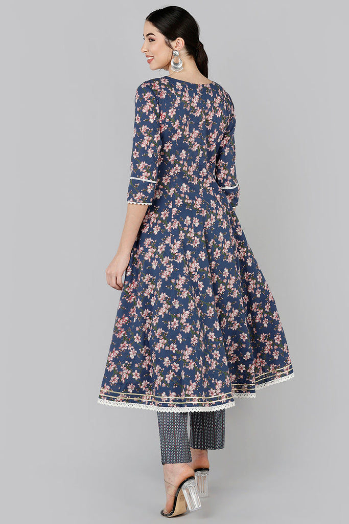  Women Navy Blue Printed Kurta With Trousers