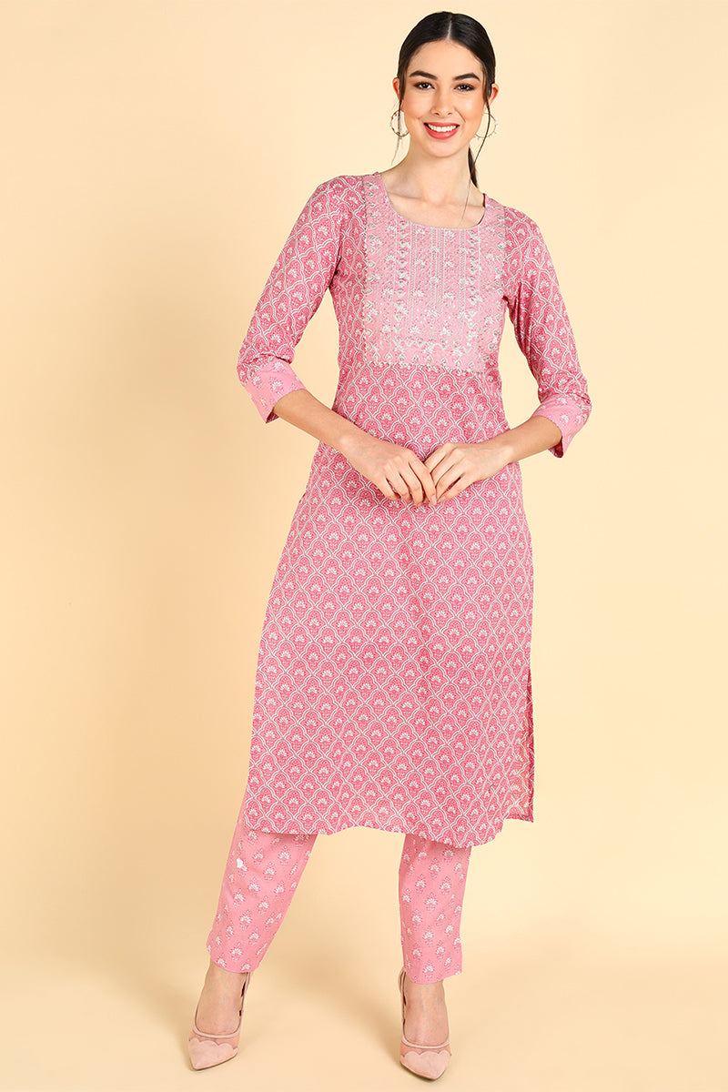  Women Pink Printed Kurta With Trousers