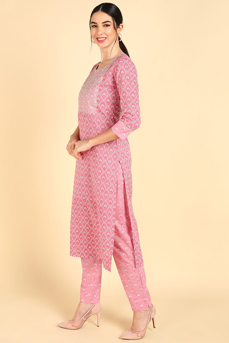  Women Pink Printed Kurta With Trousers