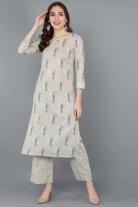  Women Beige Printed Kurta With Palazzos 