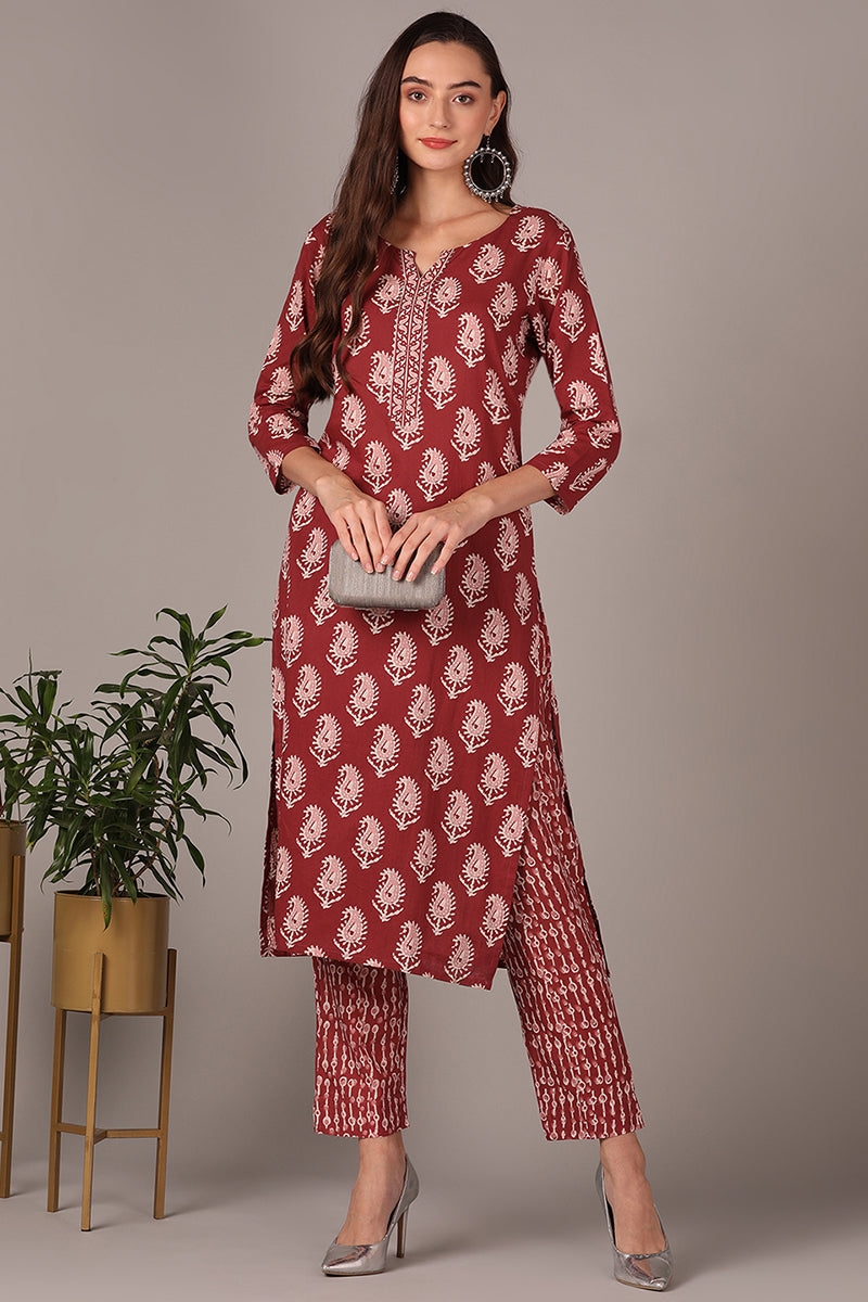 Mauve Cotton Blend Straight Paisley Kurta With Pant VKSET1389