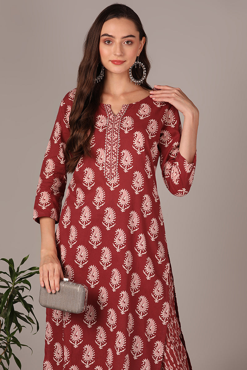 Mauve Cotton Blend Straight Paisley Kurta With Pant VKSET1389