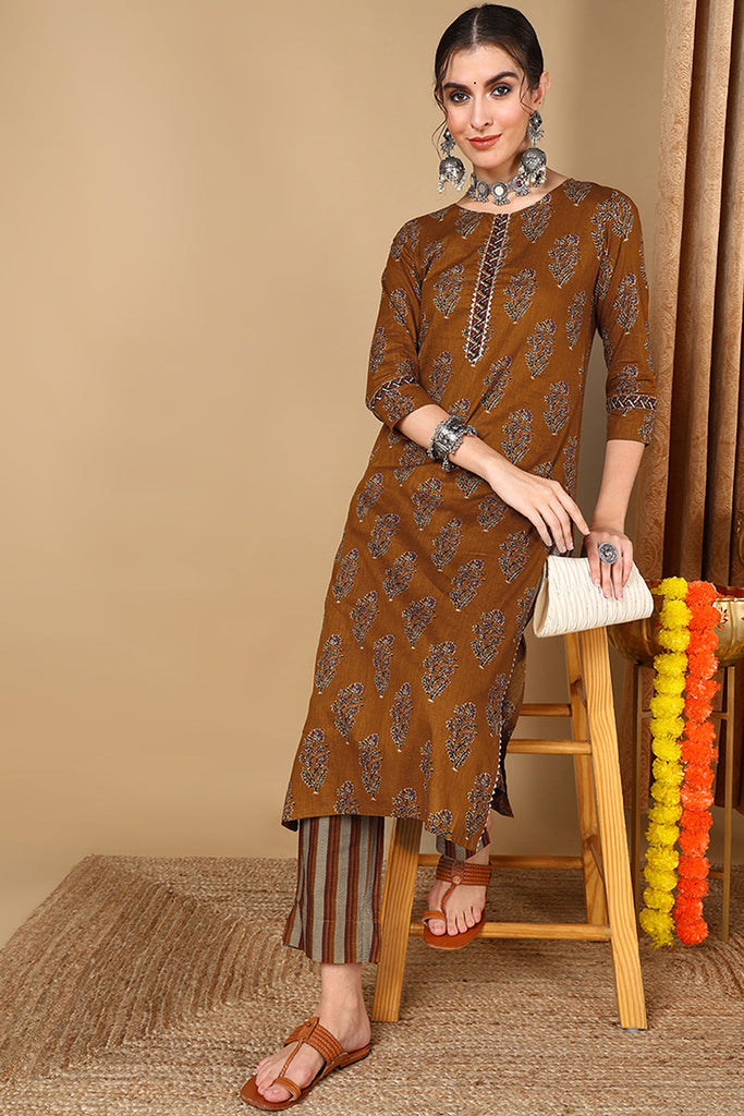 Mustard Cotton Blend Printed Straight Kurta Set VKSET1419