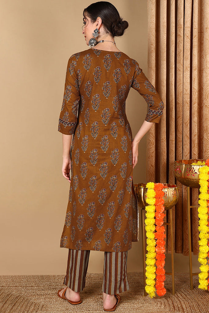 Mustard Cotton Blend Printed Straight Kurta Set VKSET1419