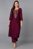 Silk Blend Wine Embroidered Kurta With Pant VKSET1428