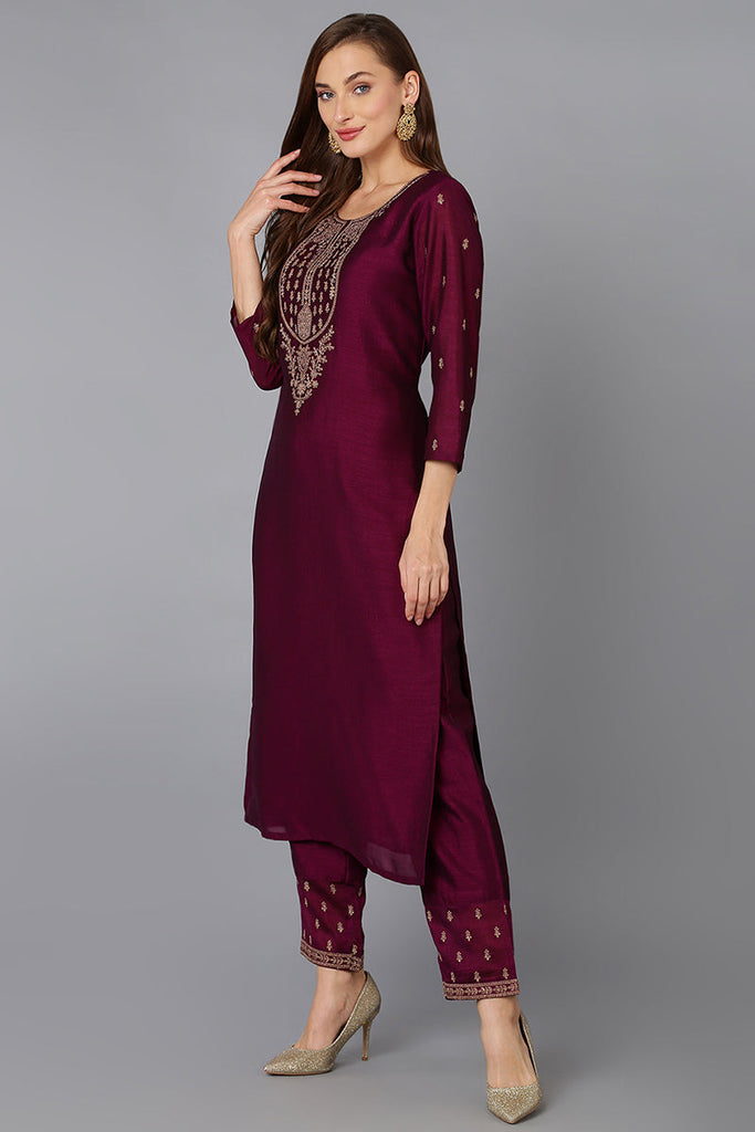 Silk Blend Wine Embroidered Kurta With Pant VKSET1428