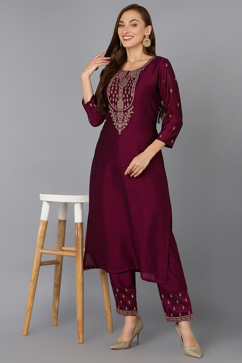 Silk Blend Wine Embroidered Kurta With Pant VKSET1428