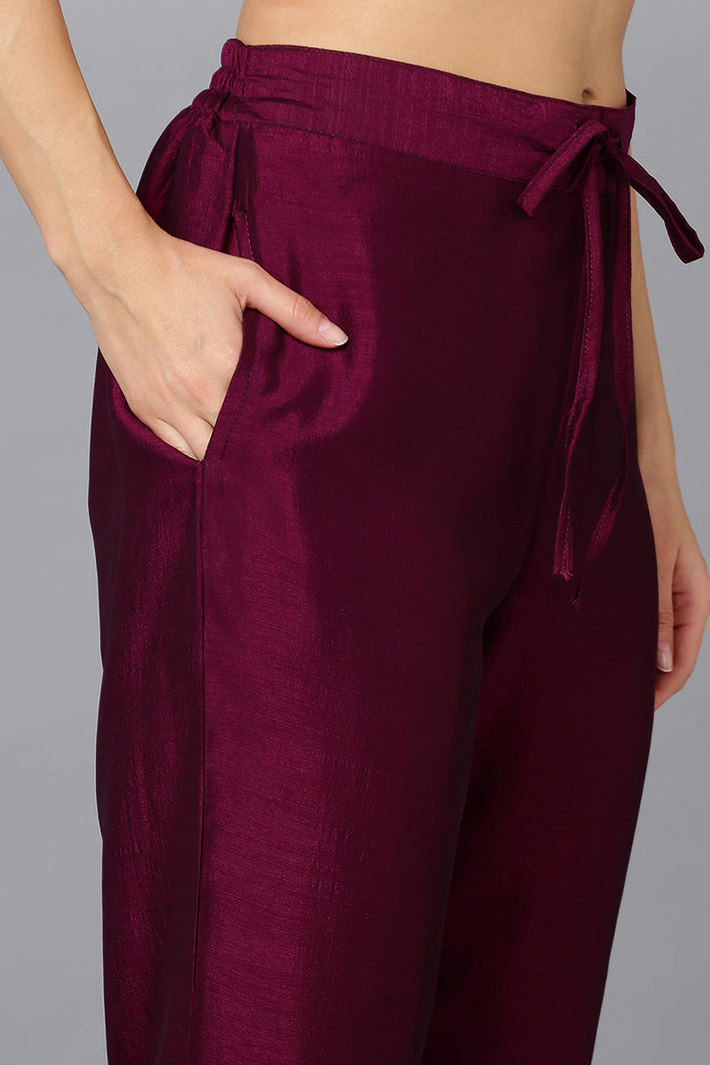 Silk Blend Wine Embroidered Kurta With Pant VKSET1428