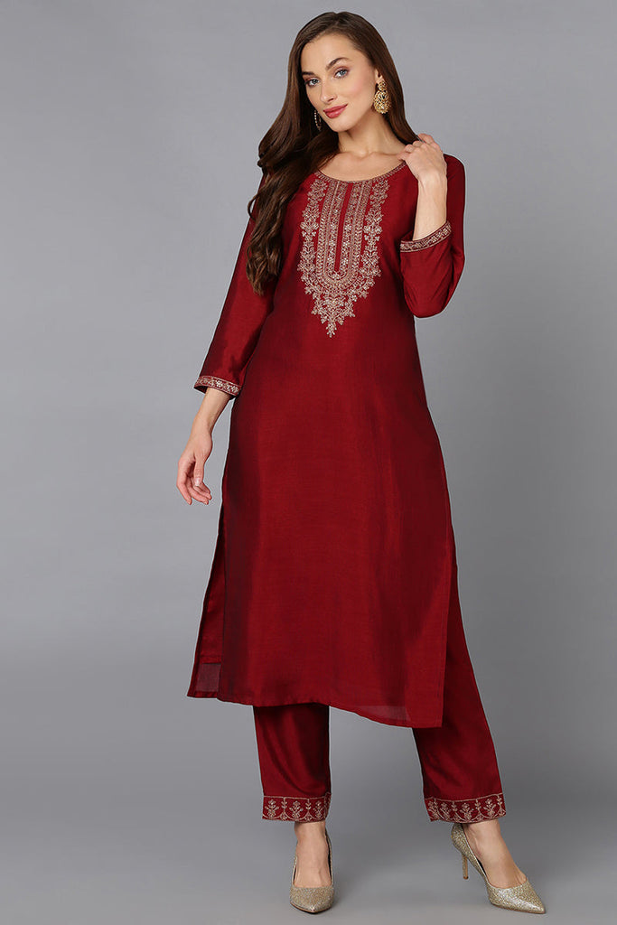 Silk Blend Maroon Embroidered Kurta With Pant VKSET1430