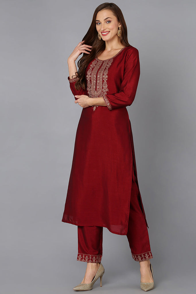 Silk Blend Maroon Embroidered Kurta With Pant VKSET1430