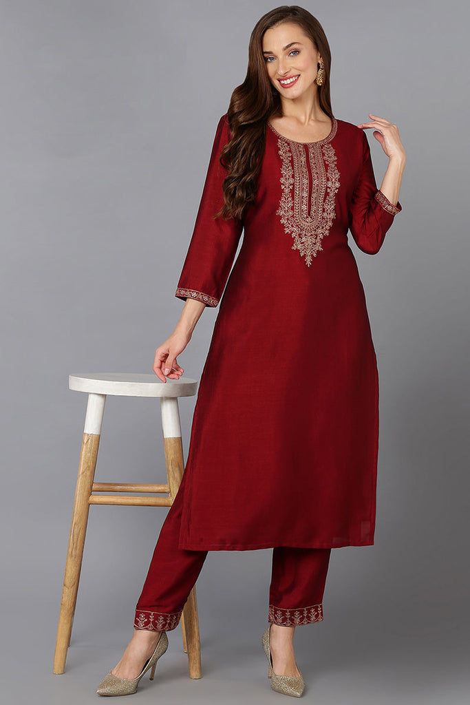 Silk Blend Maroon Embroidered Kurta With Pant VKSET1430