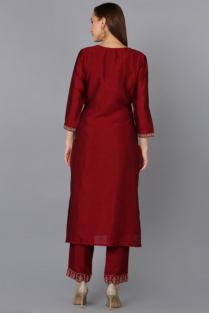 Silk Blend Maroon Embroidered Kurta With Pant VKSET1430