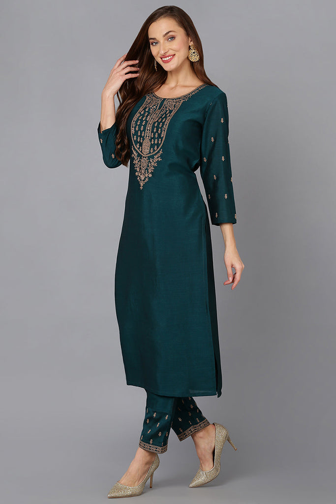 Silk Blend Bottle Green Embroidered Kurta With Pant VKSET1431