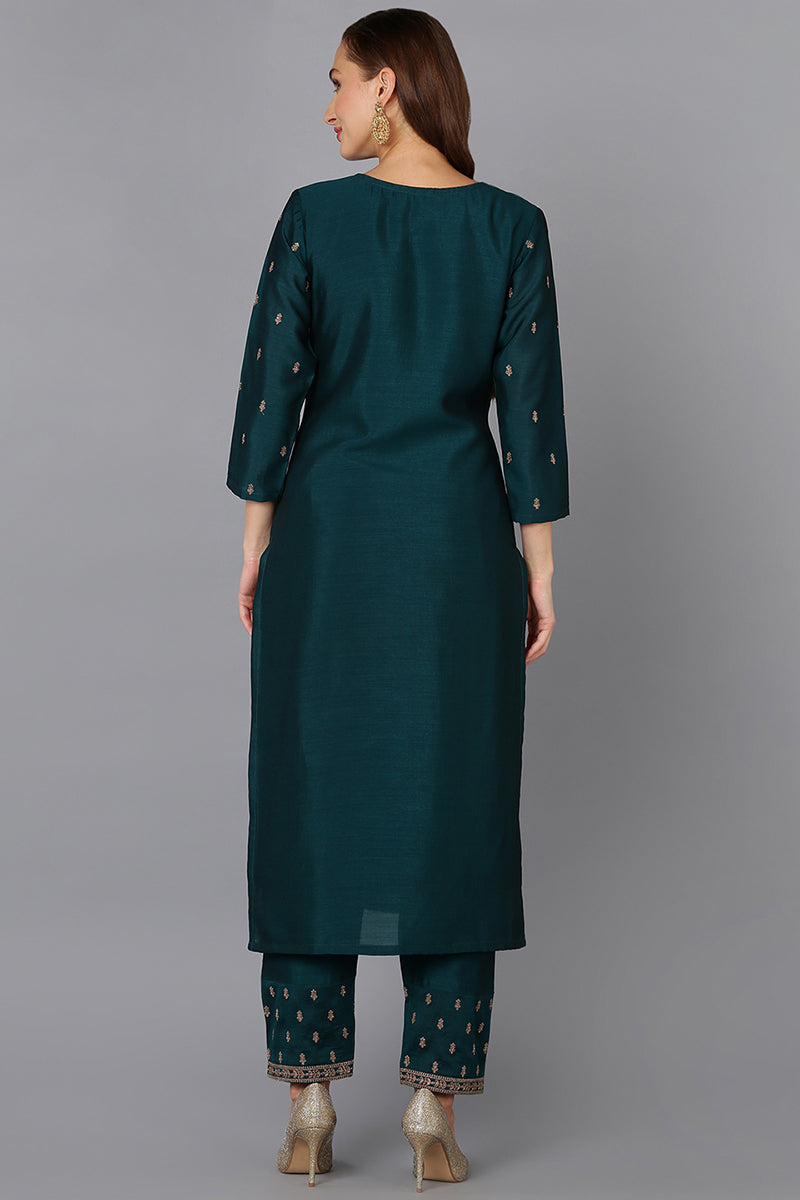 Silk Blend Bottle Green Embroidered Kurta With Pant VKSET1431