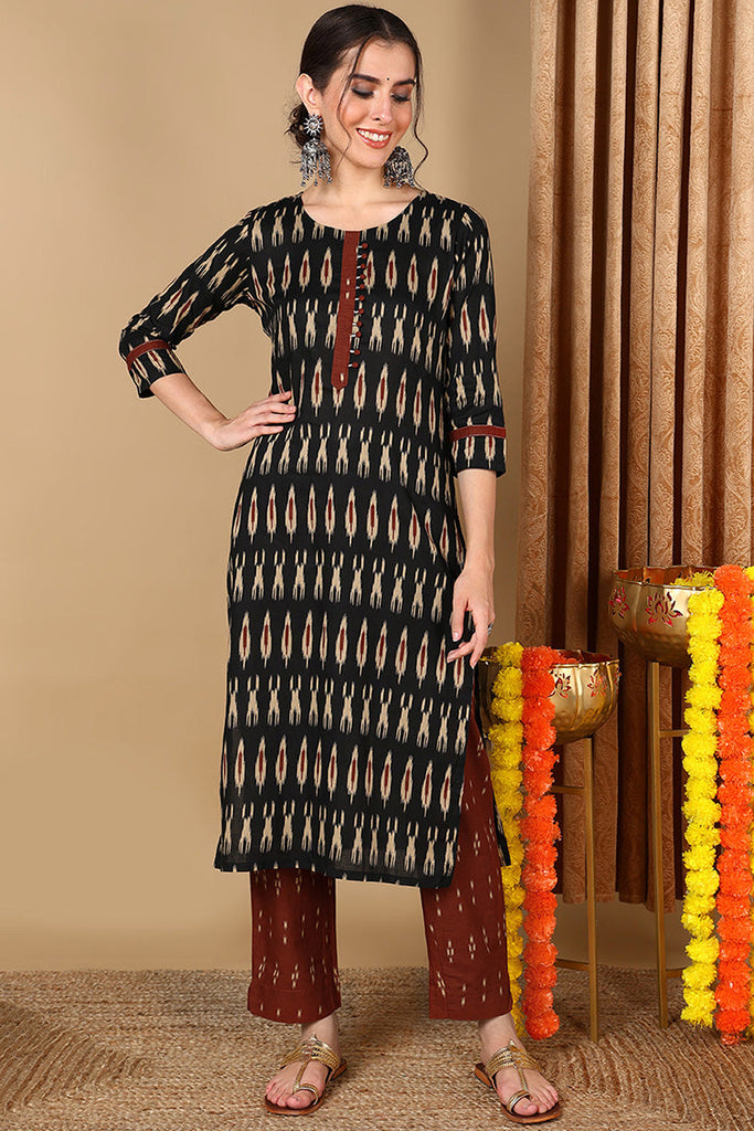 Cotton Blend Blend Black Ikat Printed Straight Kurta With Pant VKSET1437