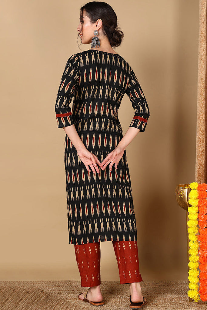 Cotton Blend Blend Black Ikat Printed Straight Kurta With Pant VKSET1437