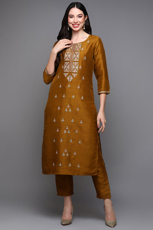 Mustard Silk Blend Floral Straight Kurta Set VKSET1445