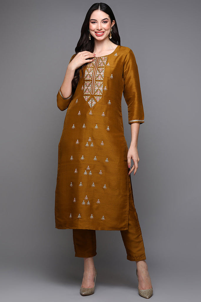 Mustard Silk Blend Floral Straight Kurta Set VKSET1445