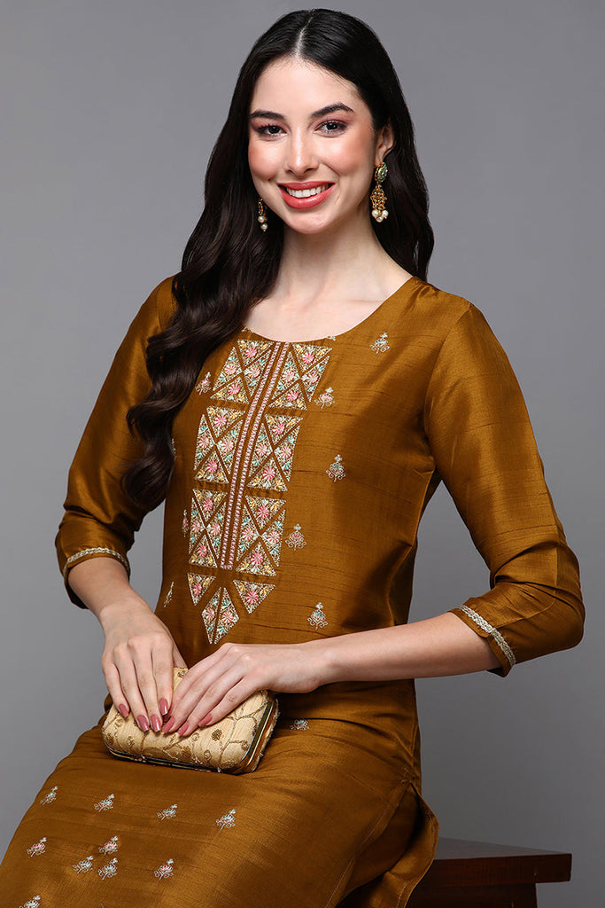 Mustard Silk Blend Floral Straight Kurta Set VKSET1445