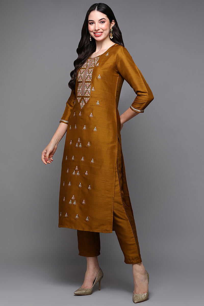 Mustard Silk Blend Floral Straight Kurta Set VKSET1445