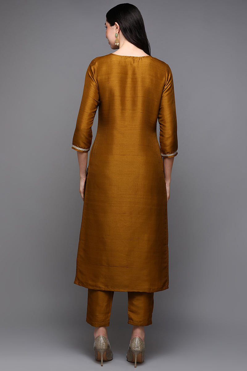 Mustard Silk Blend Floral Straight Kurta Set VKSET1445